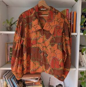 Vintage Button Up Blouse Gold Chain Pattern Orange Brown Cropped Size Large 80s